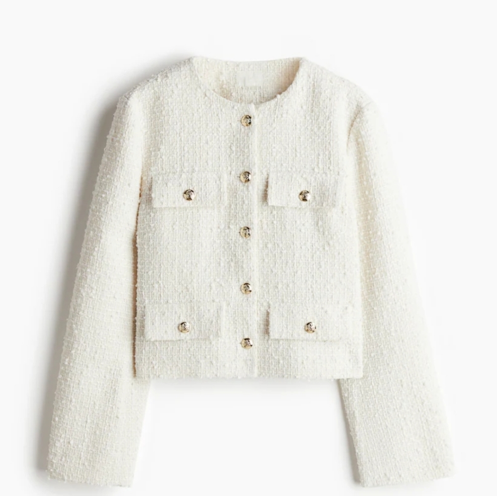 H&M Chanel Style White Tweed Jacket Textured Weave